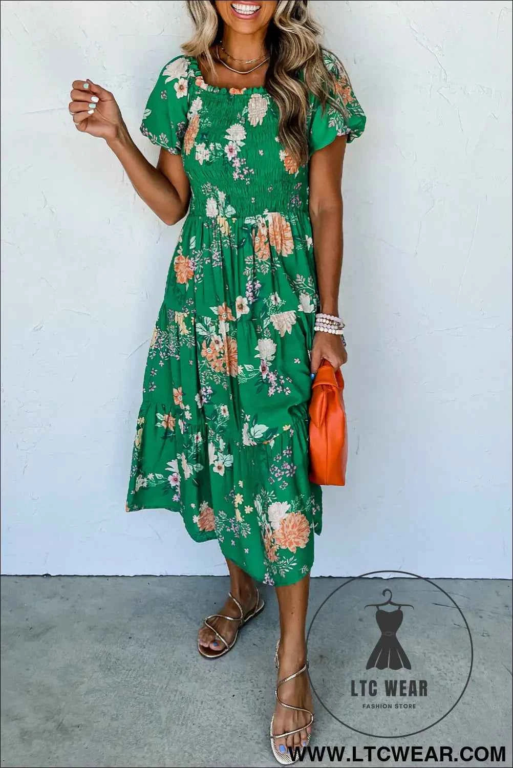 Green Floral Print Bubble Sleeve Smocked Tiered Midi Dress