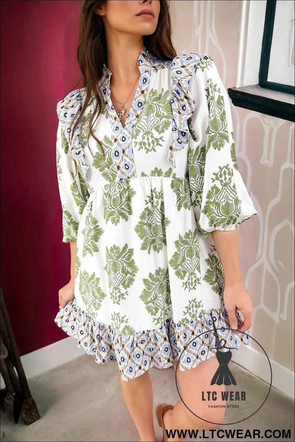 Green Floral Print Contrast Patchwork Ruffle Detail Mini Dress
