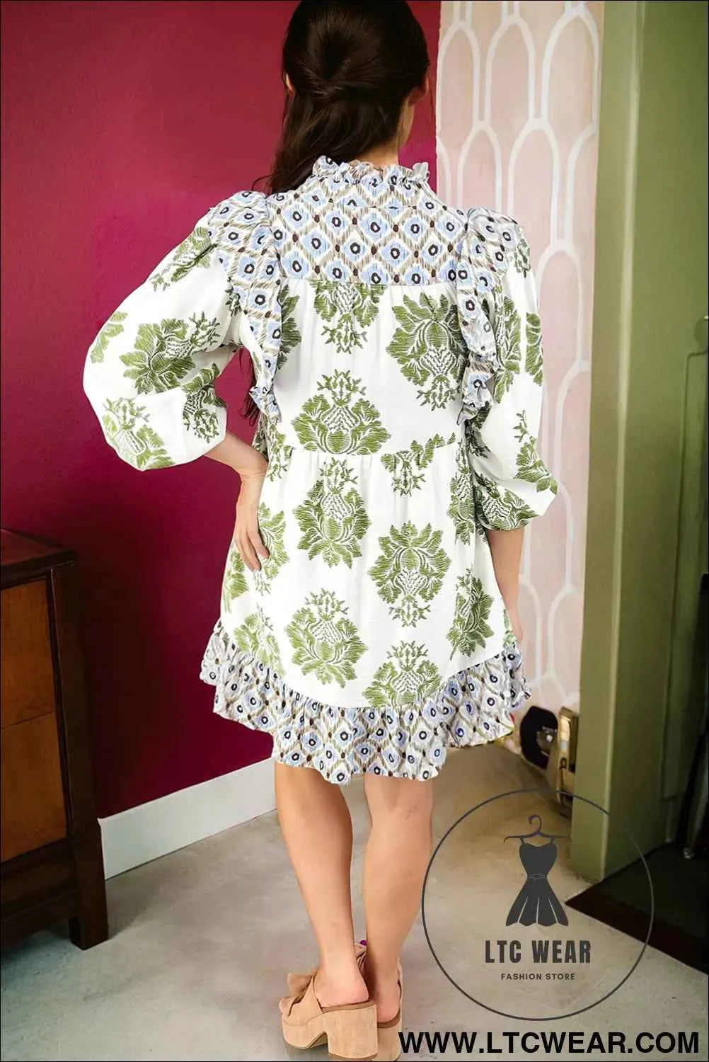 Green Floral Print Contrast Patchwork Ruffle Detail Mini Dress