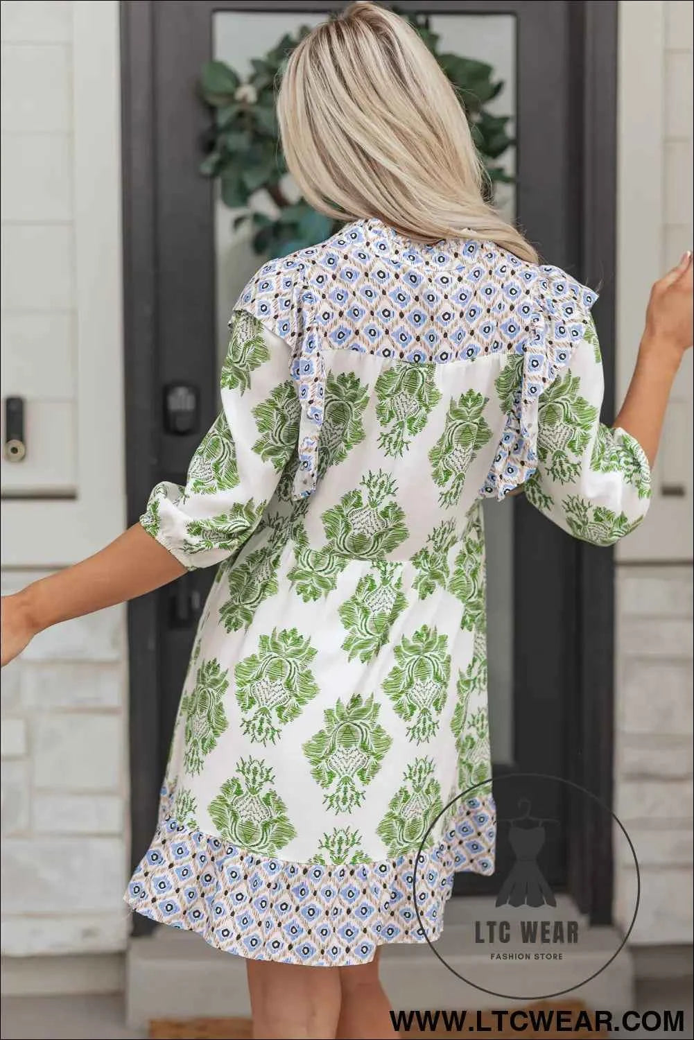 Green Floral Print Contrast Patchwork Ruffle Detail Mini Dress