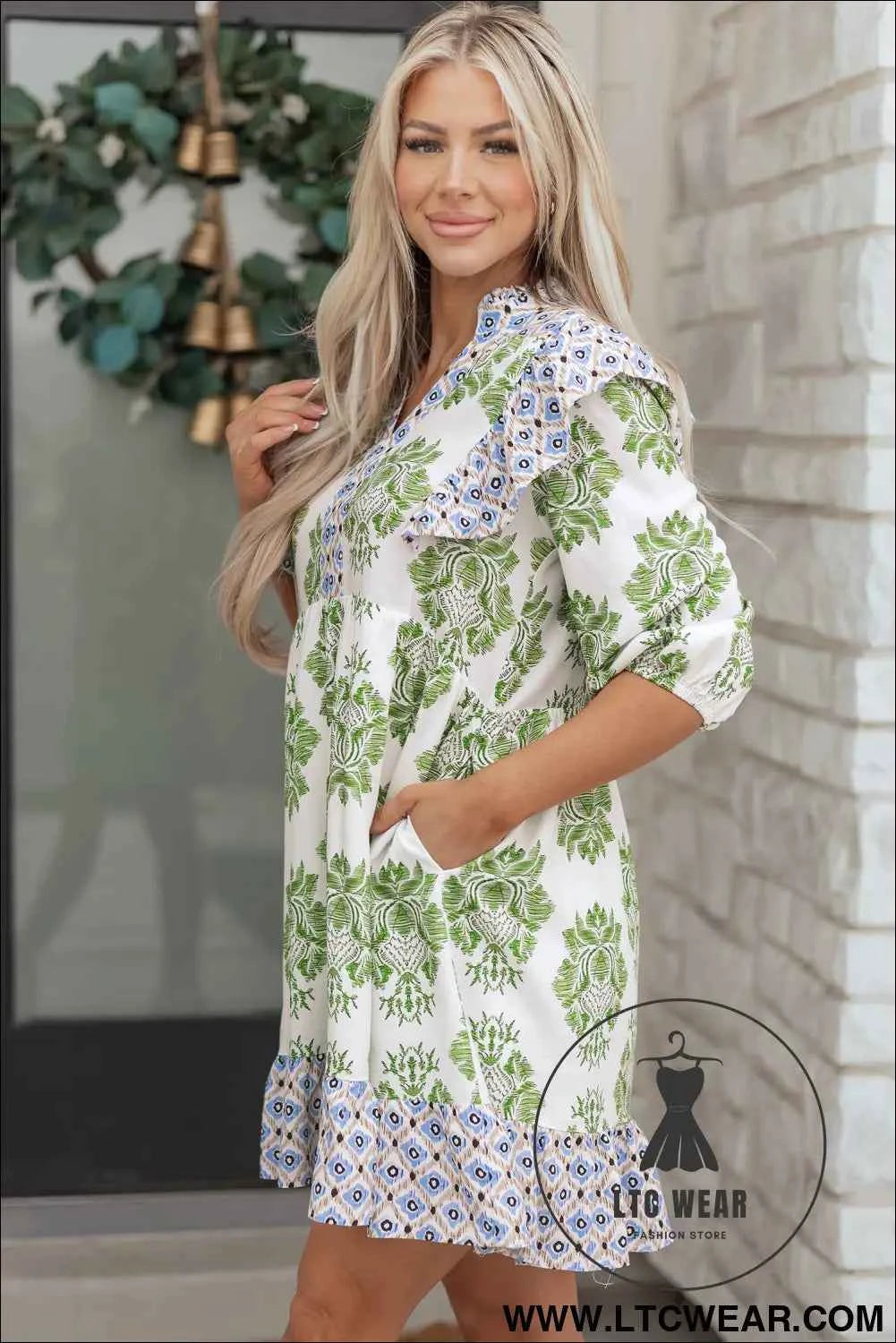 Green Floral Print Contrast Patchwork Ruffle Detail Mini Dress