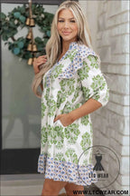 Green Floral Print Contrast Patchwork Ruffle Detail Mini Dress
