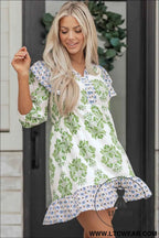 Green Floral Print Contrast Patchwork Ruffle Detail Mini Dress