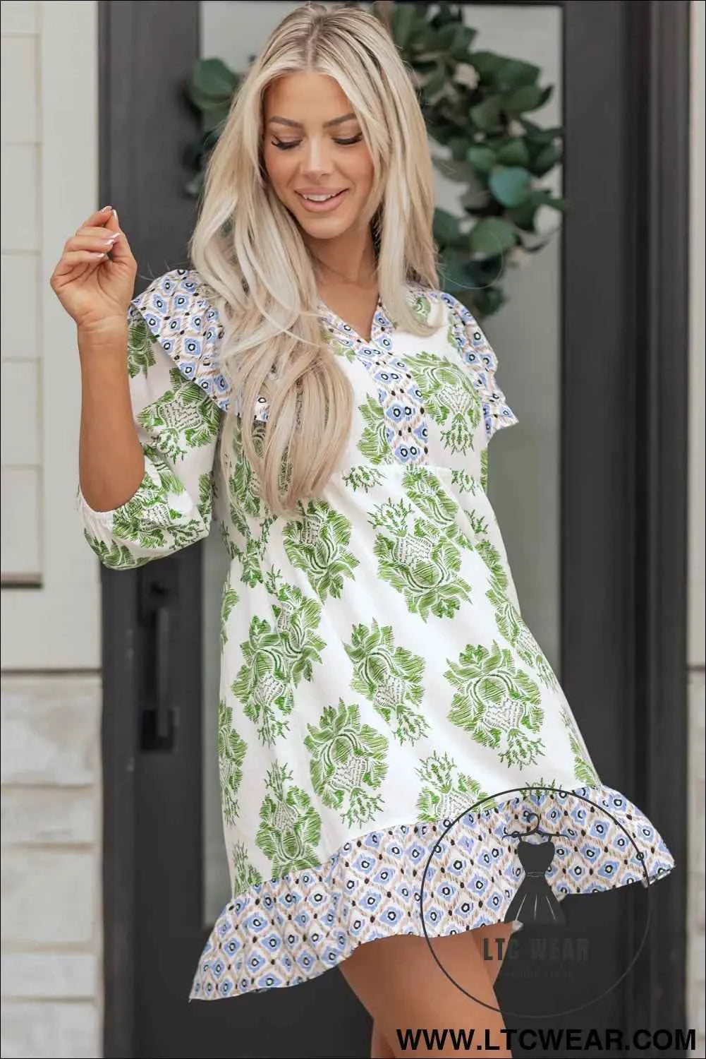 Green Floral Print Contrast Patchwork Ruffle Detail Mini Dress