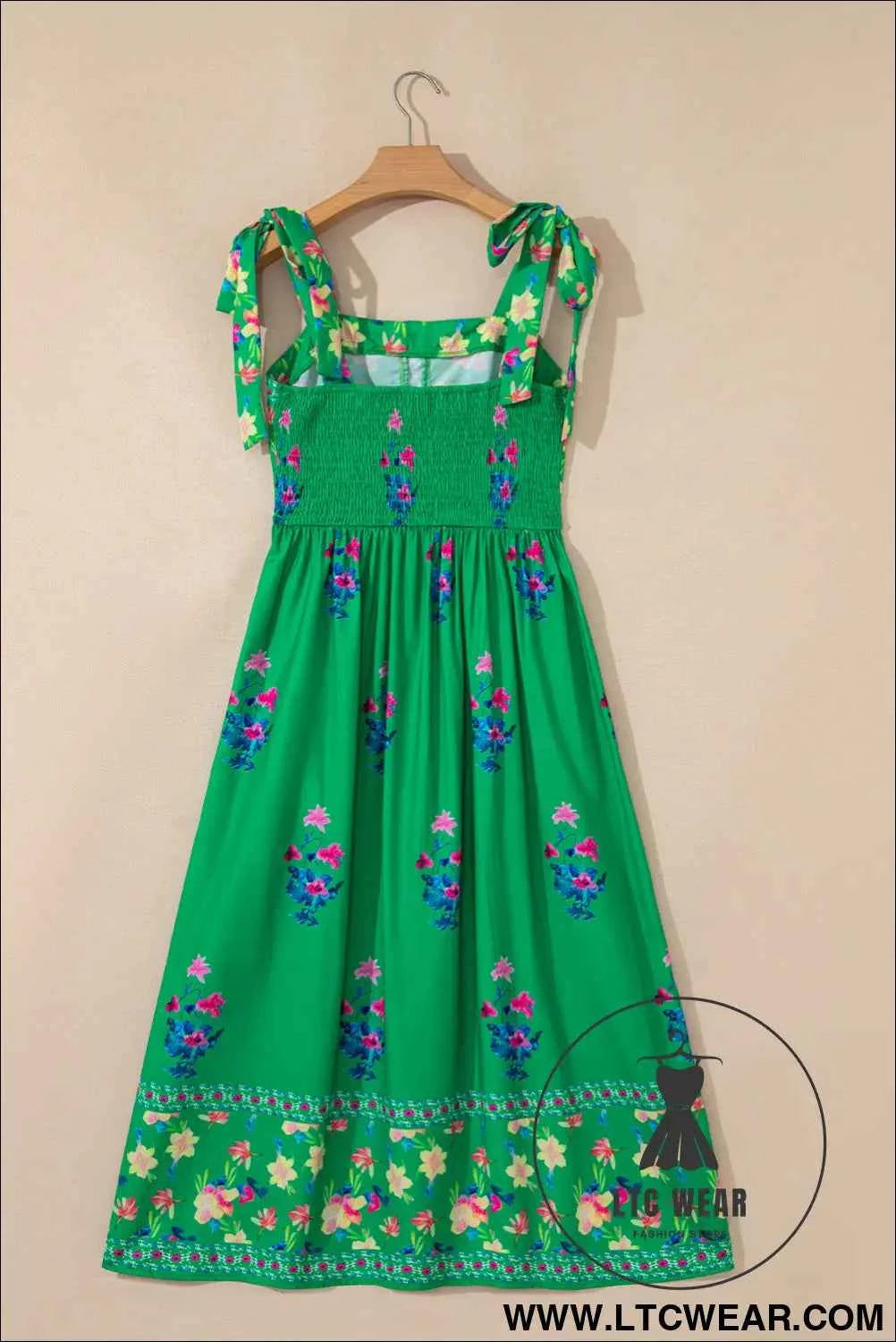 Green Floral Print Contrast Trim Knotted Straps Midi Dress