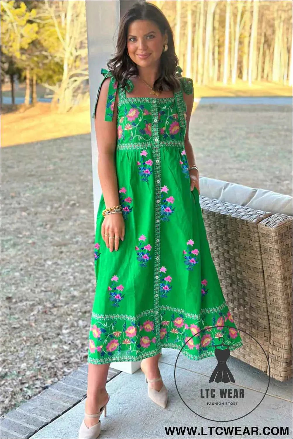 Green Floral Print Contrast Trim Knotted Straps Midi Dress