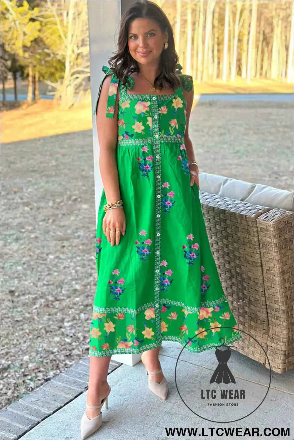 Green Floral Print Contrast Trim Knotted Straps Midi Dress