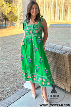 Green Floral Print Contrast Trim Knotted Straps Midi Dress