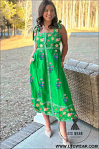 Green Floral Print Contrast Trim Knotted Straps Midi Dress