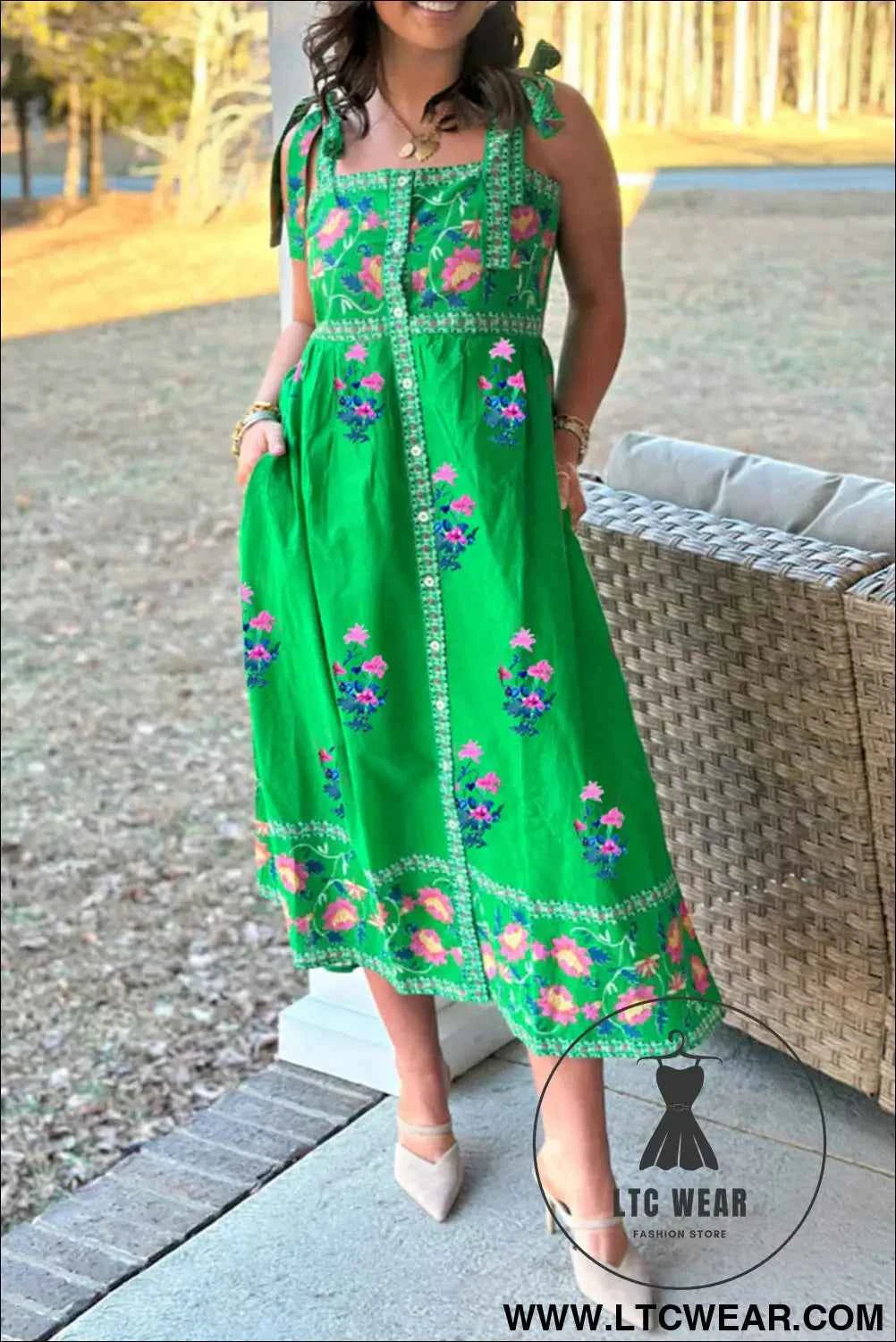 Green Floral Print Contrast Trim Knotted Straps Midi Dress