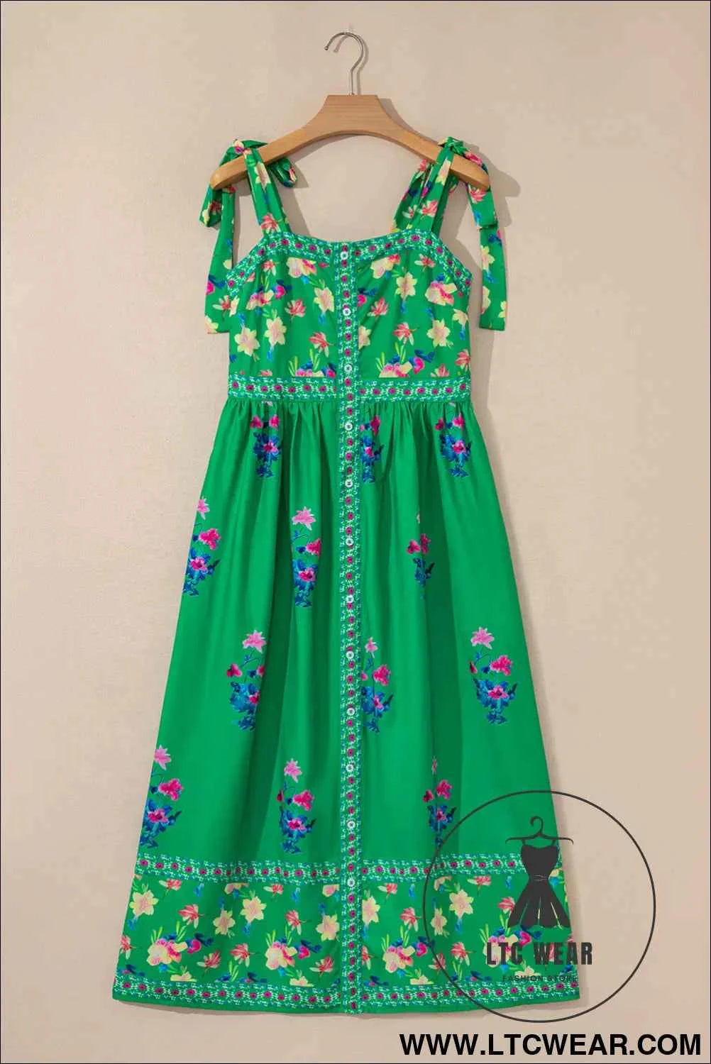 Green Floral Print Contrast Trim Knotted Straps Midi Dress