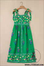 Green Floral Print Contrast Trim Knotted Straps Midi Dress