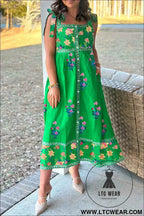 Green Floral Print Contrast Trim Knotted Straps Midi Dress