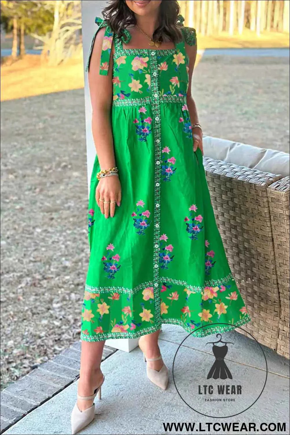 Green Floral Print Contrast Trim Knotted Straps Midi Dress