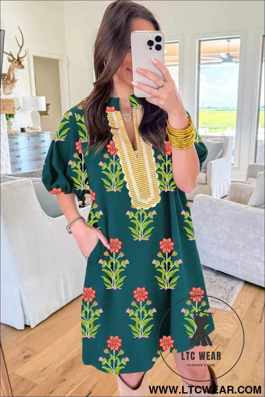 Green Floral Print Contrast Trim Striped Patchwork Short Sleeve Dress