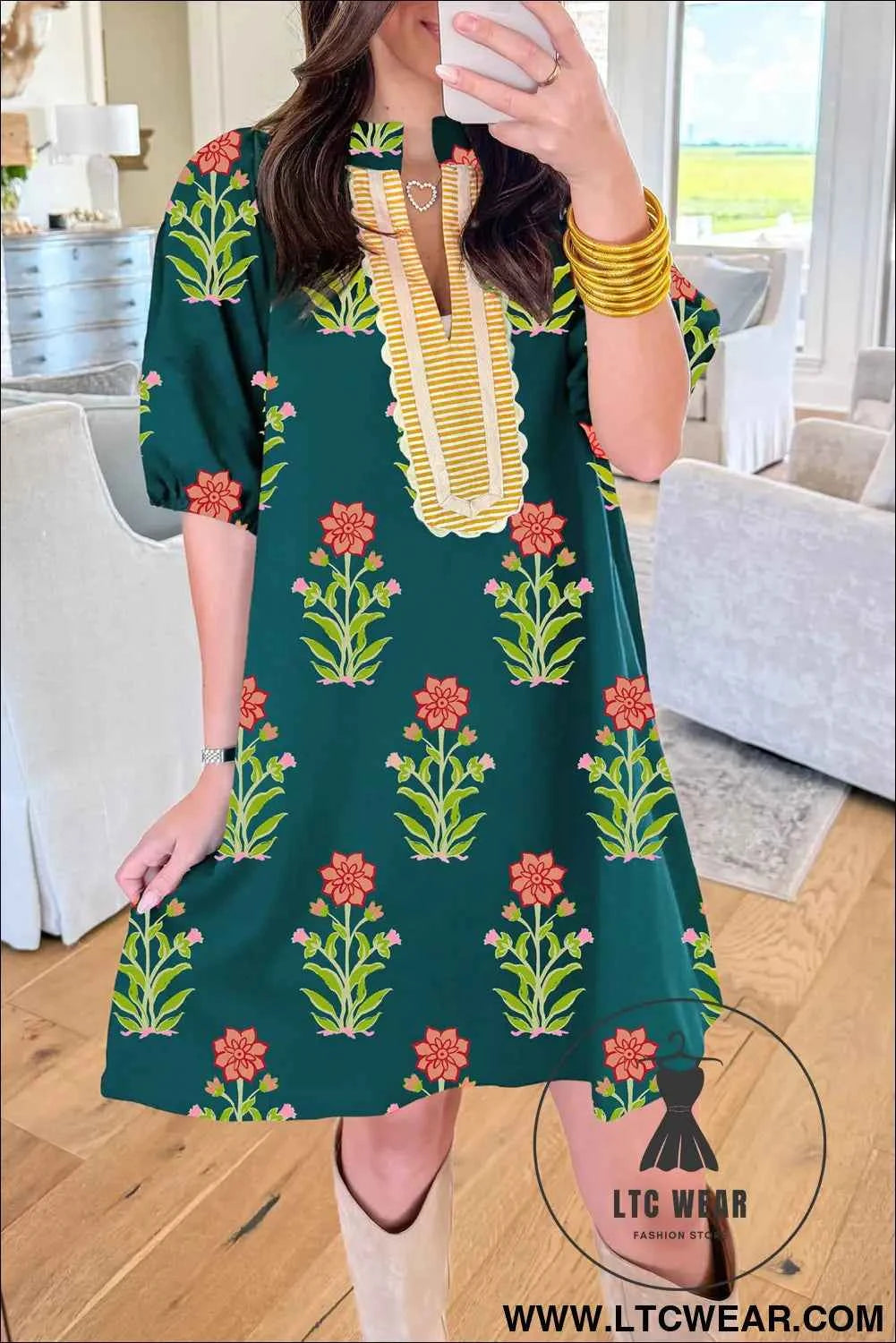 Green Floral Print Contrast Trim Striped Patchwork Short Sleeve Dress