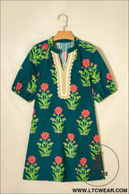 Green Floral Print Contrast Trim Striped Patchwork Short Sleeve Dress