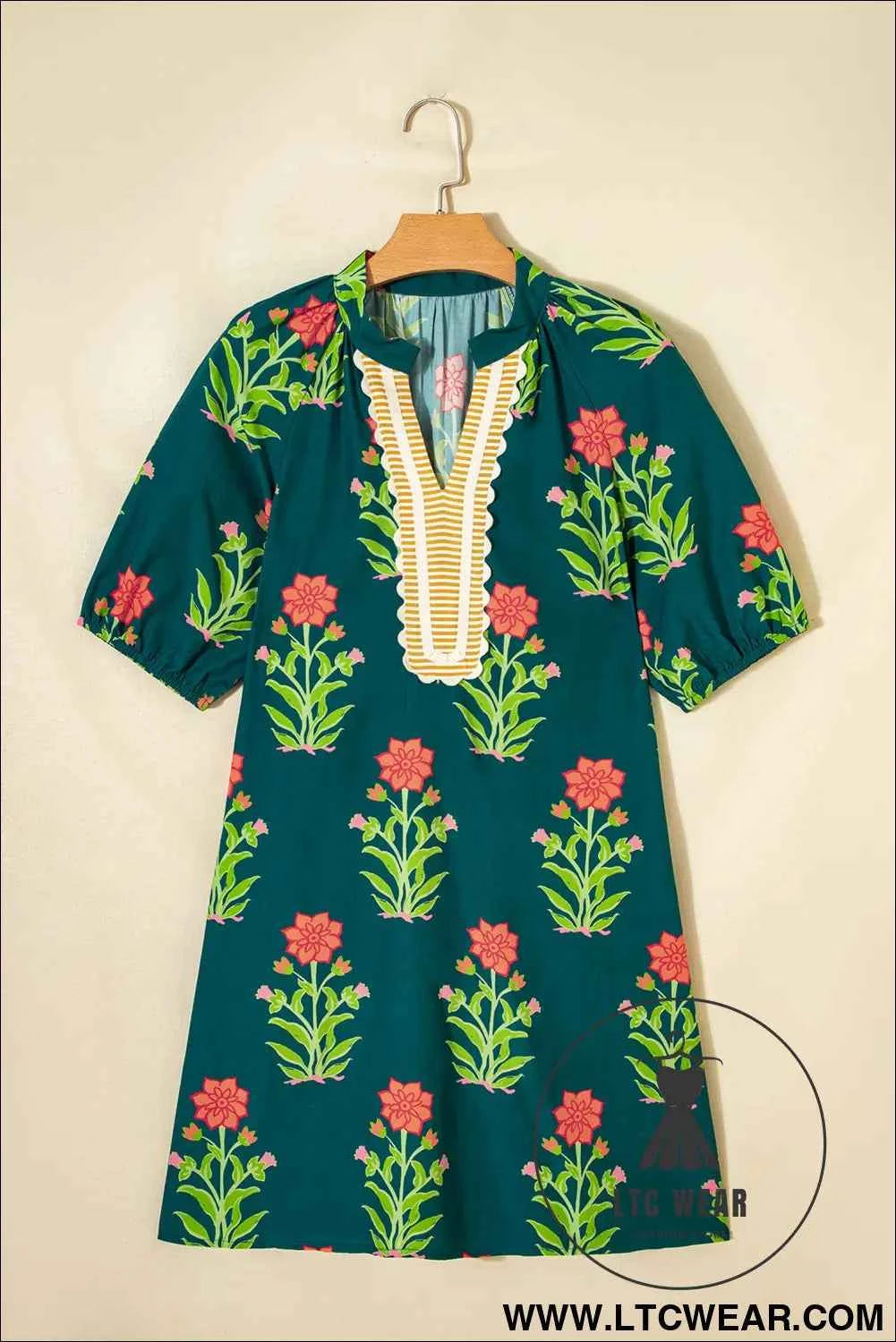 Green Floral Print Contrast Trim Striped Patchwork Short Sleeve Dress