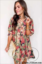 Green Floral V Neck Mini Dress with Pink Blossoms