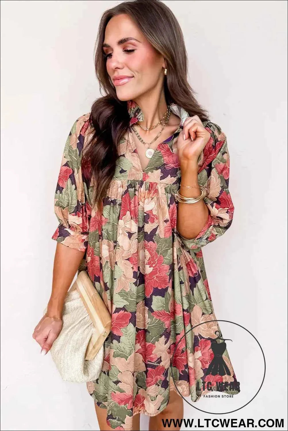 Green Floral V Neck Mini Dress with Pink Blossoms