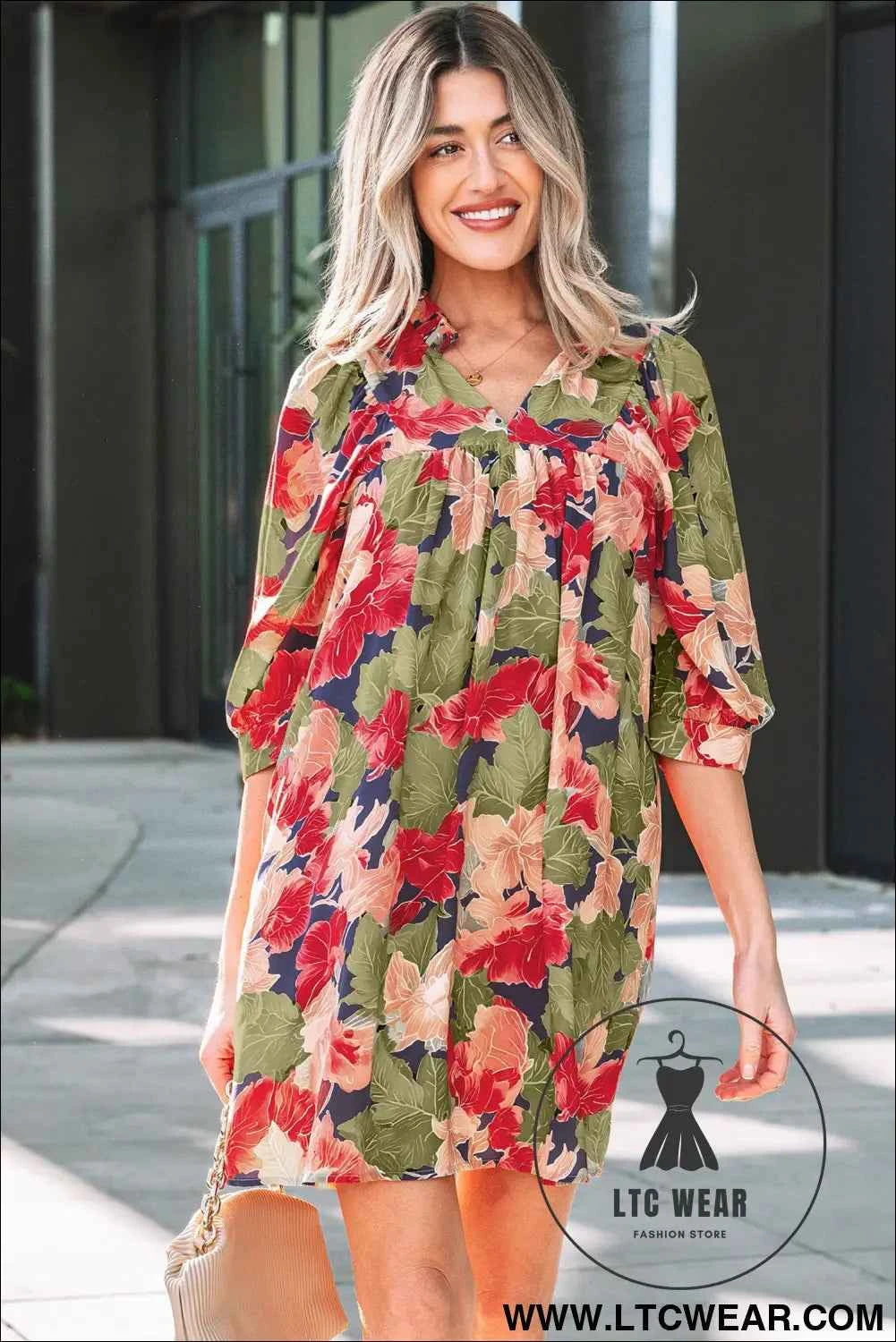 Green Floral V Neck Mini Dress with Pink Blossoms