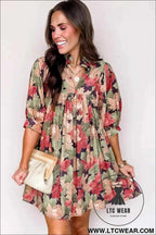 Green Floral V Neck Mini Dress with Pink Blossoms