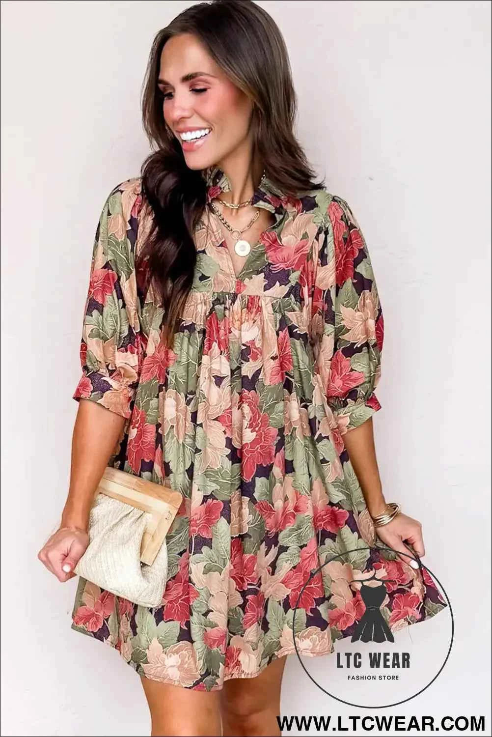Green Floral V Neck Mini Dress with Pink Blossoms
