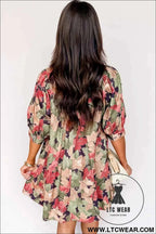 Green Floral V Neck Mini Dress with Pink Blossoms