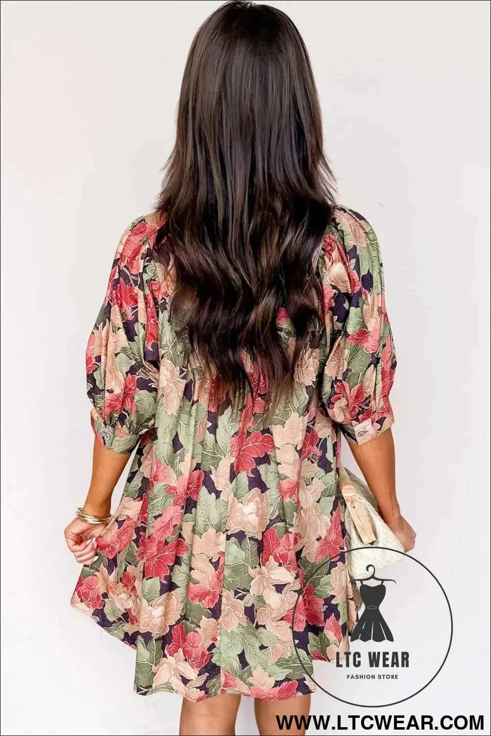 Green Floral V Neck Mini Dress with Pink Blossoms