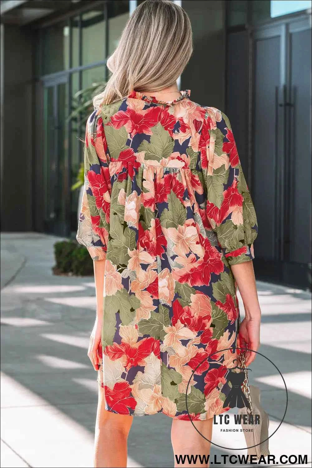 Green Floral V Neck Mini Dress with Pink Blossoms