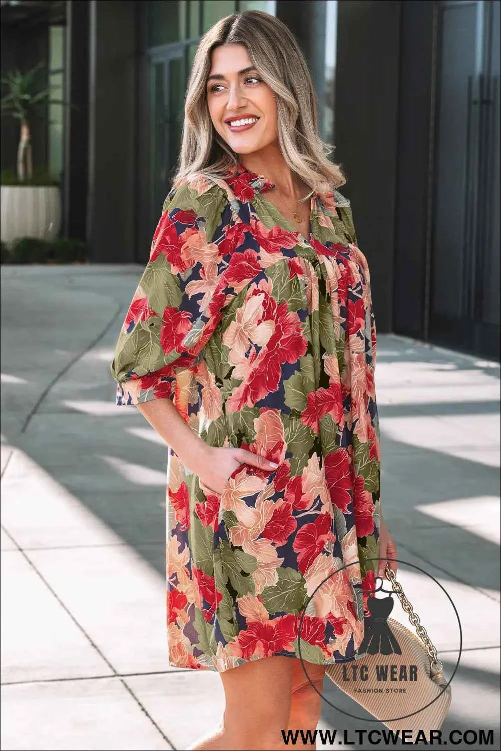Green Floral V Neck Mini Dress with Pink Blossoms