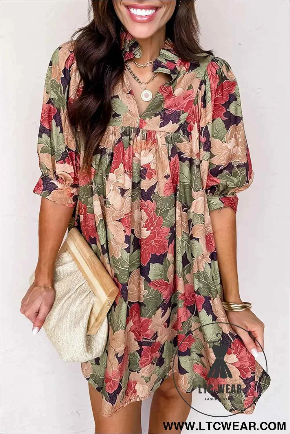 Green Floral V Neck Mini Dress with Pink Blossoms