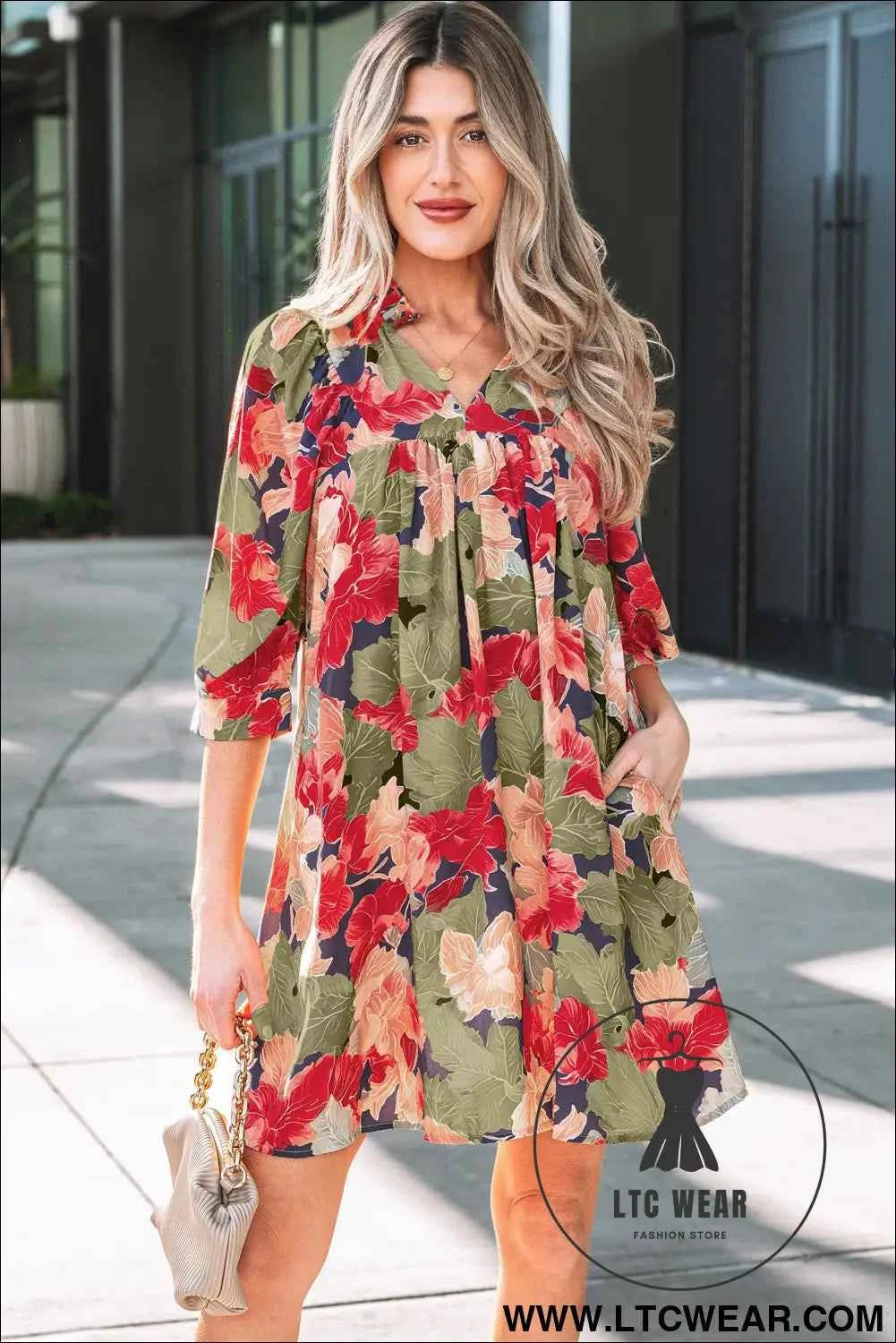 Green Floral V Neck Mini Dress with Pink Blossoms