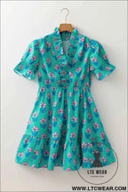 Green Floral Print Smocked High Waist Mini Dress