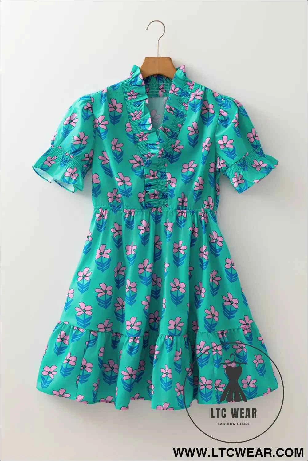 Green Floral Print Smocked High Waist Mini Dress