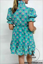 Green Floral Print Smocked High Waist Mini Dress