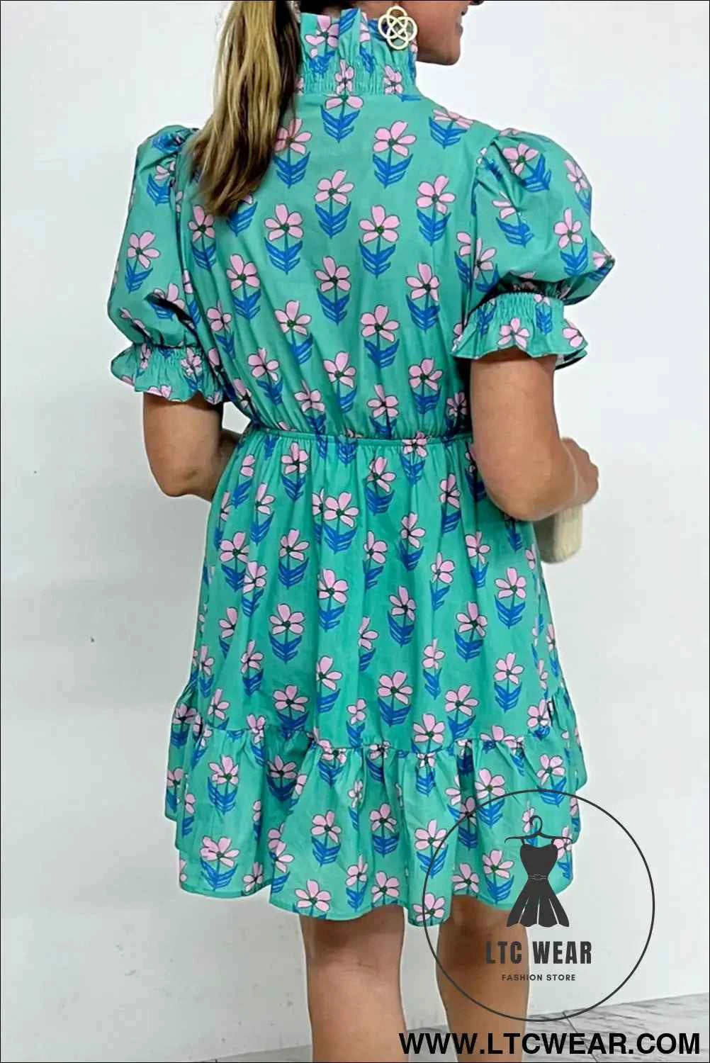 Green Floral Print Smocked High Waist Mini Dress