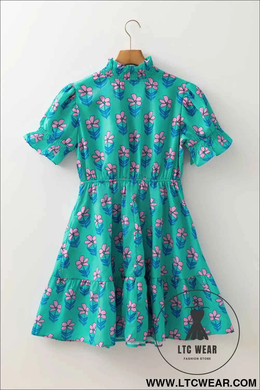 Green Floral Print Smocked High Waist Mini Dress
