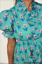 Green Floral Print Smocked High Waist Mini Dress