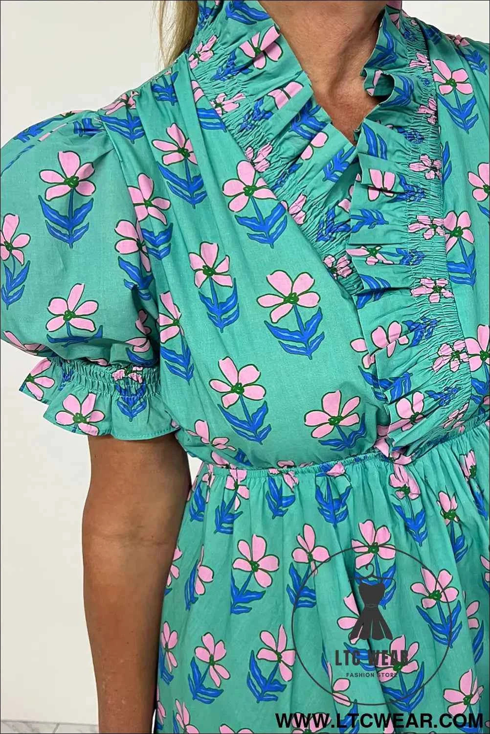 Green Floral Print Smocked High Waist Mini Dress