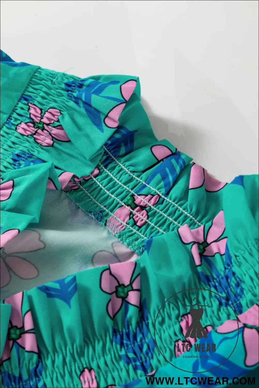 Green Floral Print Smocked High Waist Mini Dress