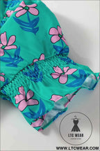Green Floral Print Smocked High Waist Mini Dress