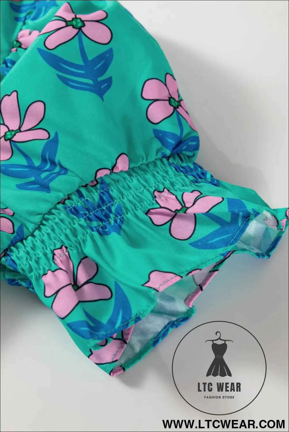 Green Floral Print Smocked High Waist Mini Dress