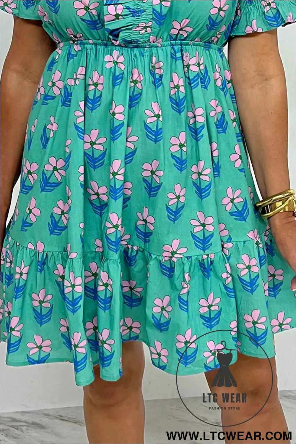 Green Floral Print Smocked High Waist Mini Dress