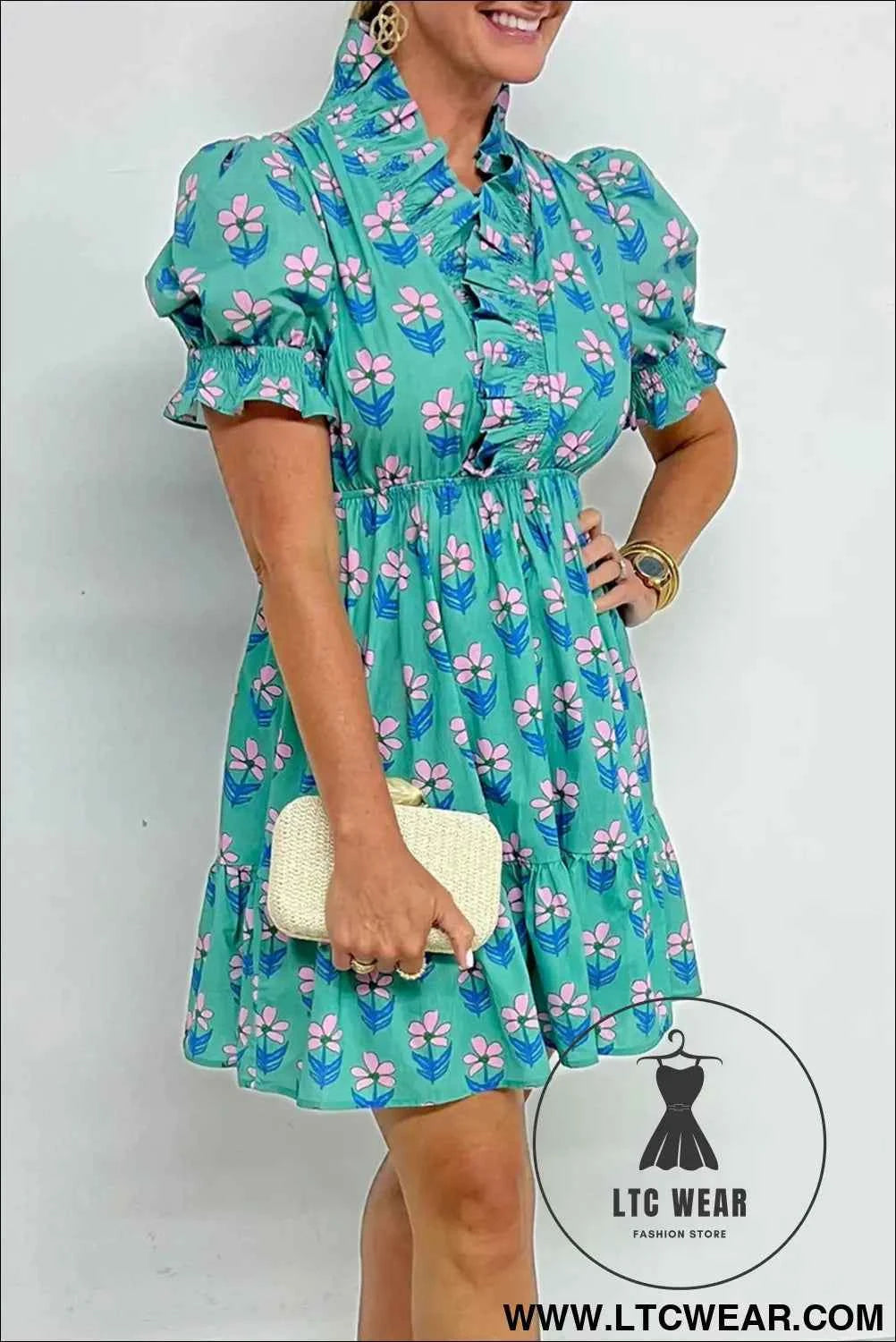 Green Floral Print Smocked High Waist Mini Dress