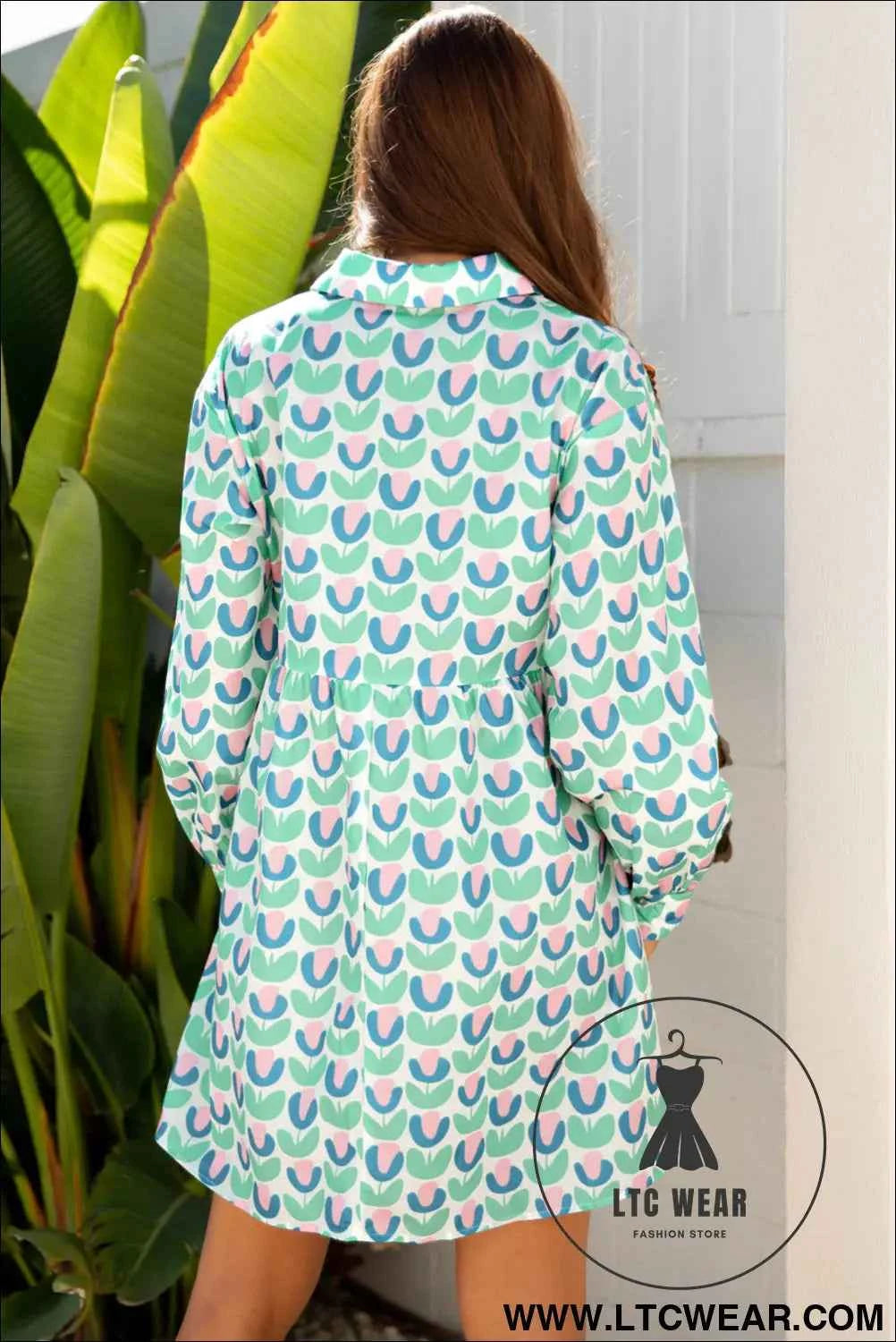 Mint Floral Print Scalloped Long Sleeve Mini Dress
