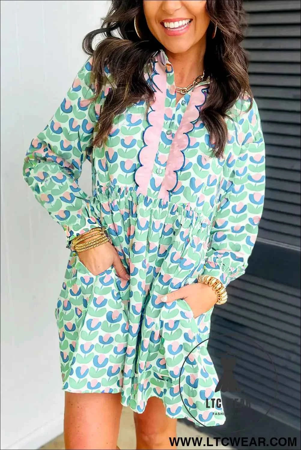 Mint Floral Print Scalloped Long Sleeve Mini Dress
