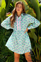 Mint Floral Print Scalloped Long Sleeve Mini Dress