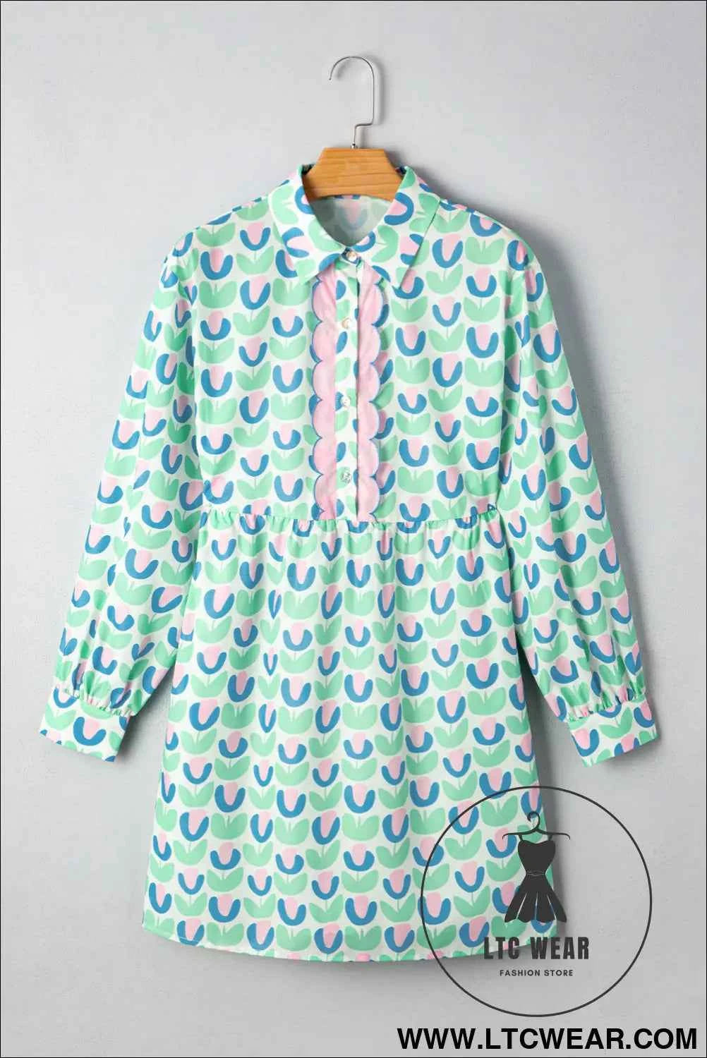Mint Floral Print Scalloped Long Sleeve Mini Dress
