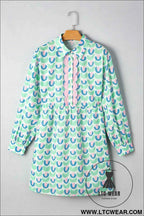 Mint Floral Print Scalloped Long Sleeve Mini Dress